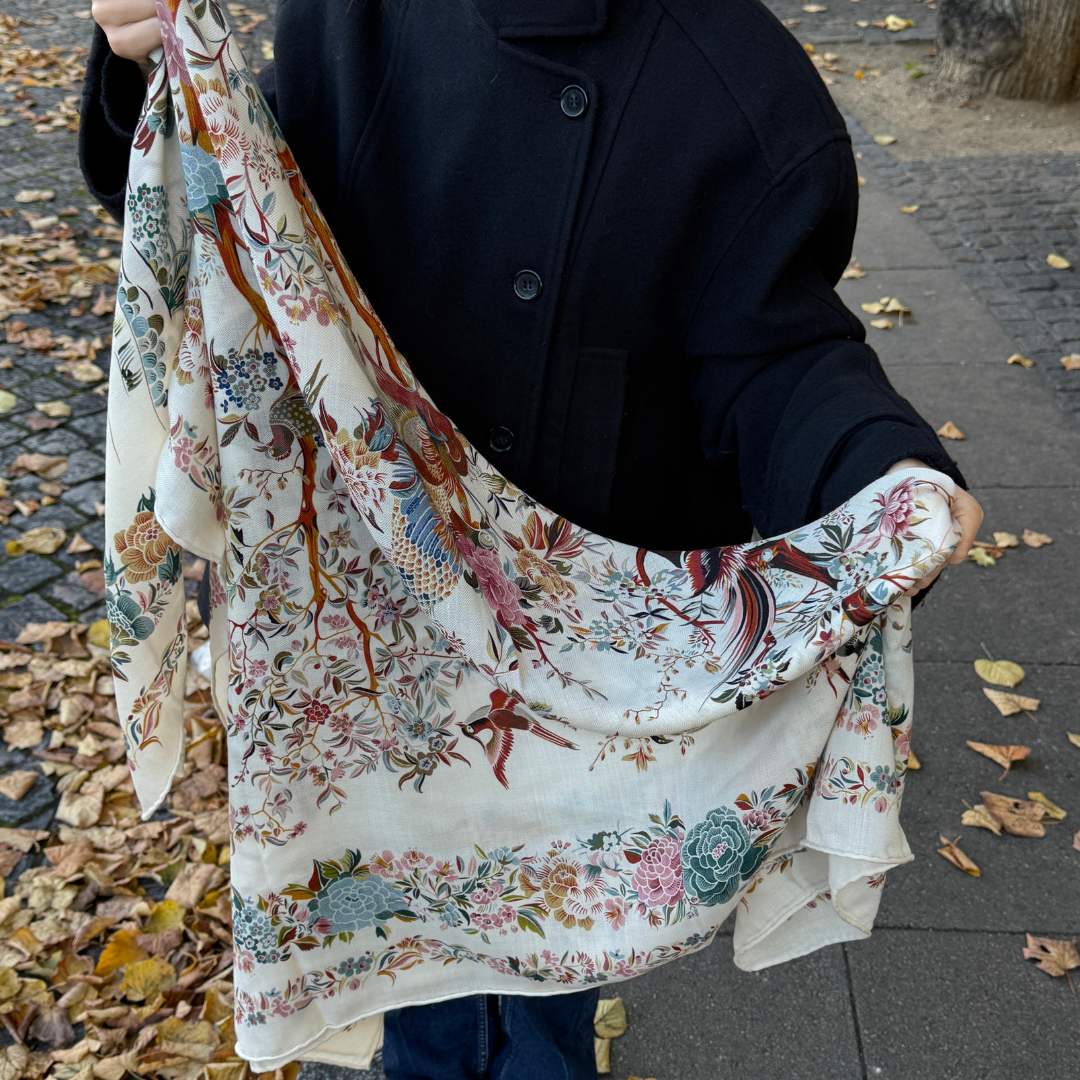 SilkWool-sjal – 70% ull / 30% mullbärssilke | Ivory Garden Silk (XL 140x140)