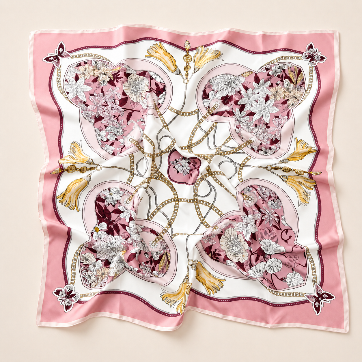 Sidensjal | Pink Bouquet | 90 CM